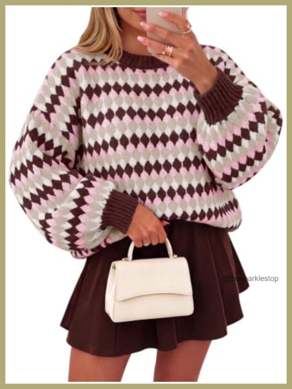 Acrylic Striped Sweater Lantern Sleeve Color Block Chunky Knit Pullover